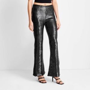 Black Sequined Future Collective High Rise Full Length Flare Pants Size 6